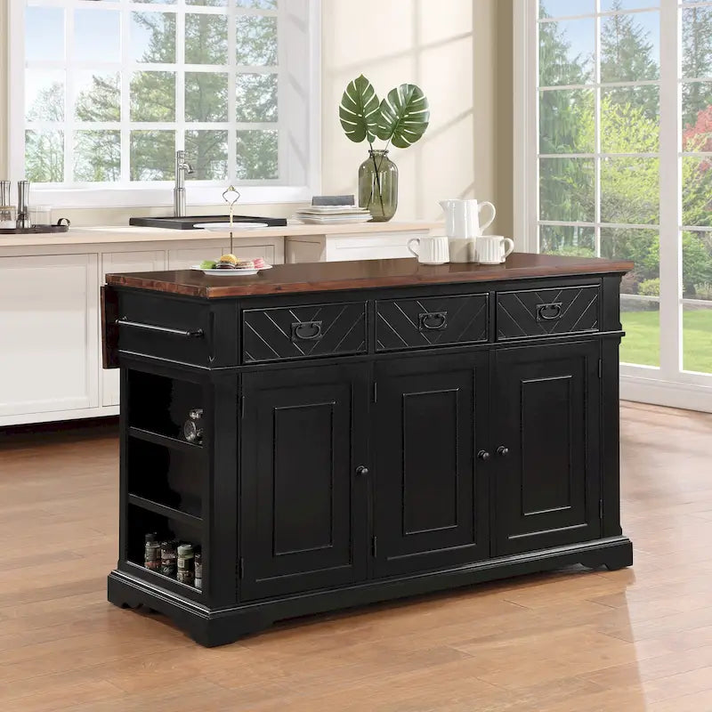 Farmhouse Kitchen Island with 3 Drawers, 3 Doors, Spice Rack & Sheet Pan Storage | Wood