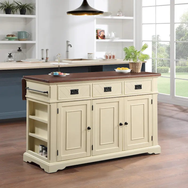 Farmhouse Kitchen Island with 3 Drawers, 3 Doors, Spice Rack & Sheet Pan Storage | Wood