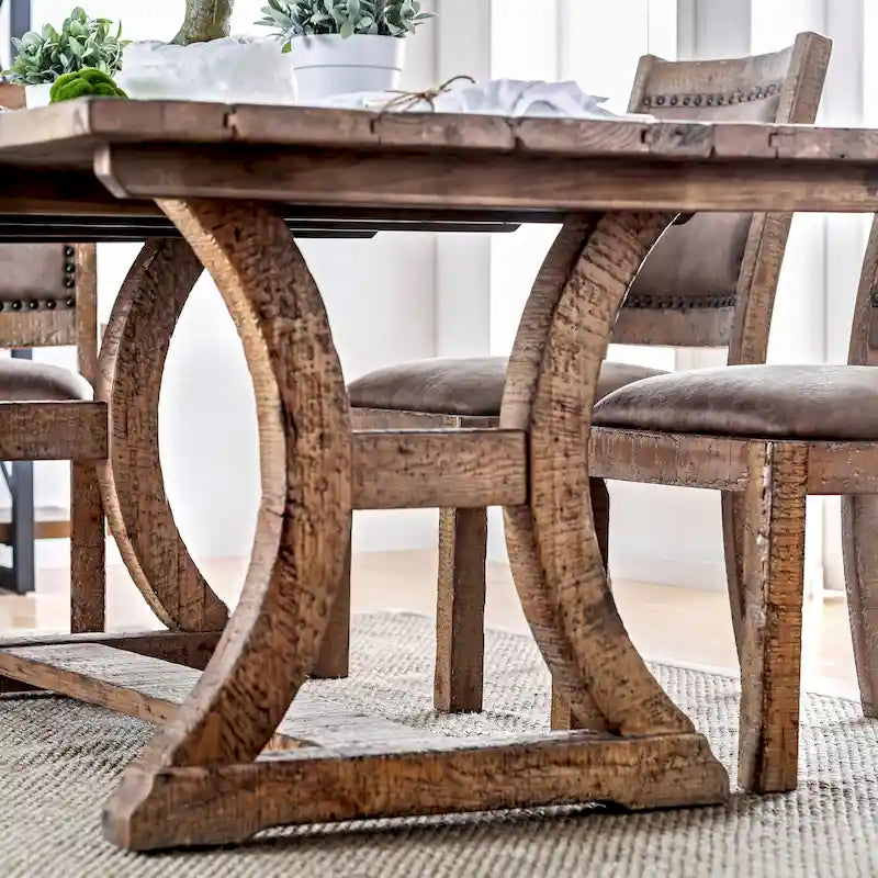 Rustic Pine Solid Wood Dining Table | Trestle Base | C-Shaped Legs | Extendable up to 96"