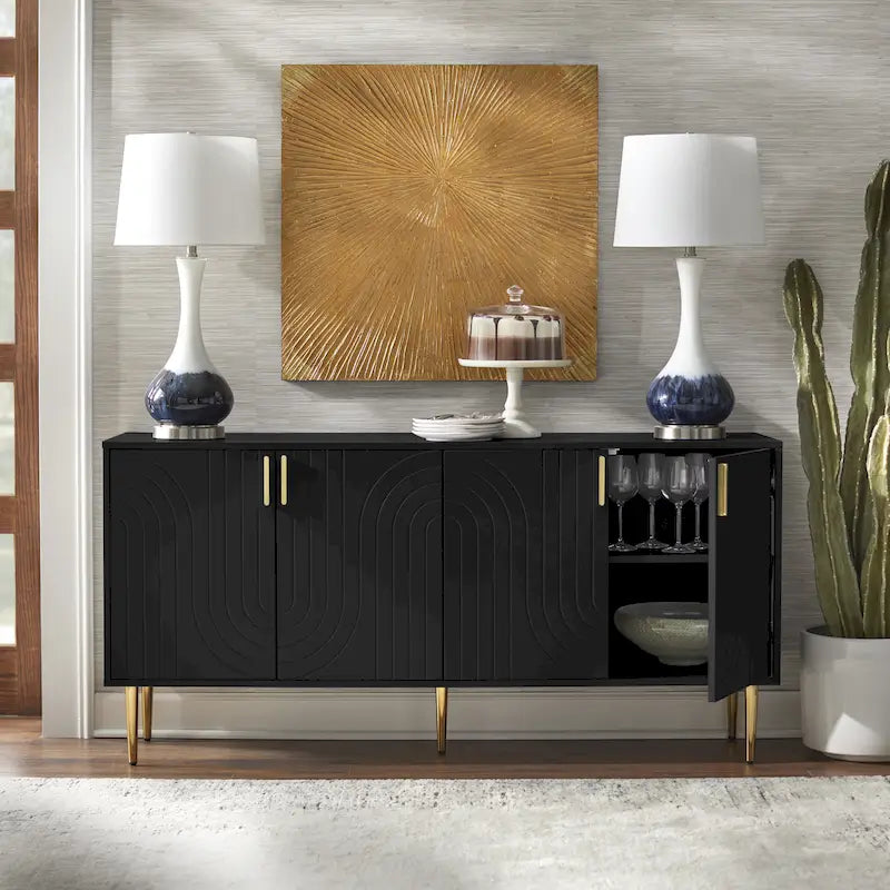 Mid-Century Modern 4-Door Sideboard Buffet | Wood Legs, Storage Cabinet, Dining & Living Room