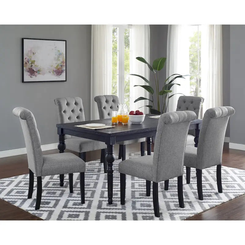 7-Piece Wood Dining Set | Dark Wash Finish, Turned Legs, Table & 6 Chairs, Kitchen & Dining Room