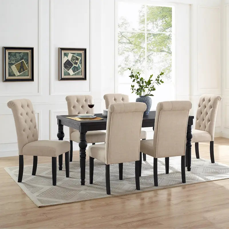 7-Piece Wood Dining Set | Dark Wash Finish, Turned Legs, Table & 6 Chairs, Kitchen & Dining Room
