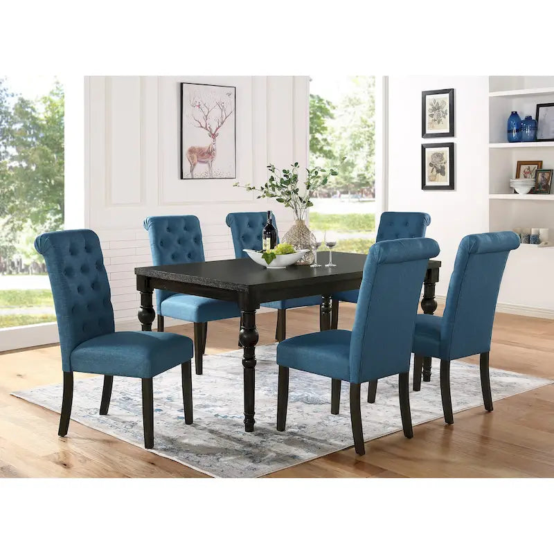 7-Piece Wood Dining Set | Dark Wash Finish, Turned Legs, Table & 6 Chairs, Kitchen & Dining Room