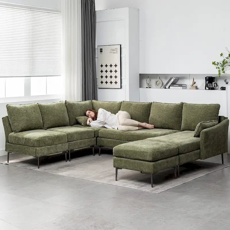 U Shaped 6-seat Sectional Sofa Couch, Reversible Sleeper in Modern Chenille Design, with Chaise Lounge and Ottoman