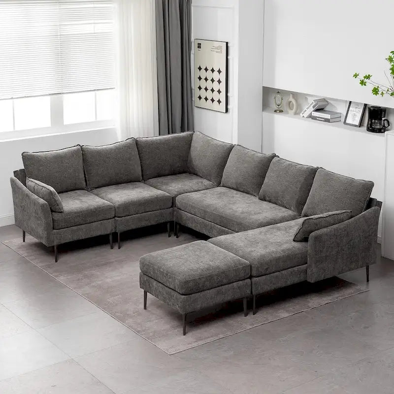 U Shaped 6-seat Sectional Sofa Couch, Reversible Sleeper in Modern Chenille Design, with Chaise Lounge and Ottoman