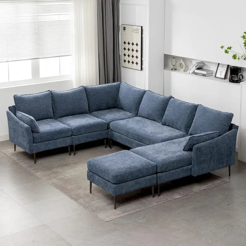 U Shaped 6-seat Sectional Sofa Couch, Reversible Sleeper in Modern Chenille Design, with Chaise Lounge and Ottoman