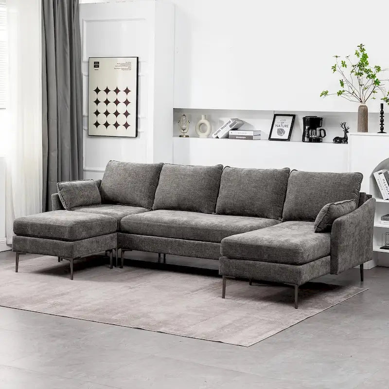 EROMMY U Shaped 6-seat Sectional Sofa Couch, Reversible Sleeper in Modern Chenille Design, with Chaise Lounge and Ottoman