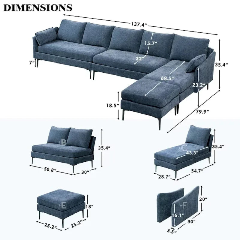 U Shaped 6-seat Sectional Sofa Couch, Reversible Sleeper in Modern Chenille Design, with Chaise Lounge and Ottoman