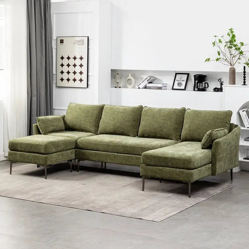U Shaped 6-seat Sectional Sofa Couch, Reversible Sleeper in Modern Chenille Design, with Chaise Lounge and Ottoman