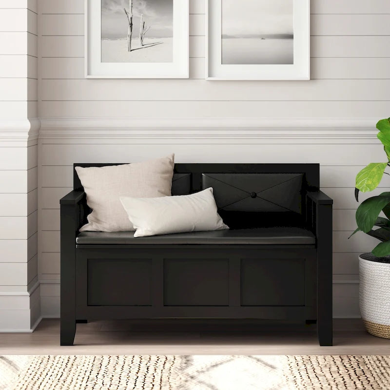 Flip Top Storage Entryway Bench | Grey Ash Wood Veneer | Soft-Close Hinges | Removable Cushion