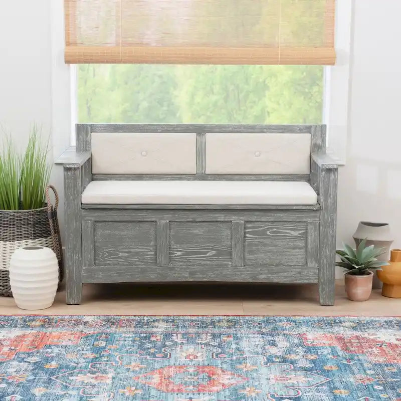Flip Top Storage Entryway Bench | Grey Ash Wood Veneer | Soft-Close Hinges | Removable Cushion