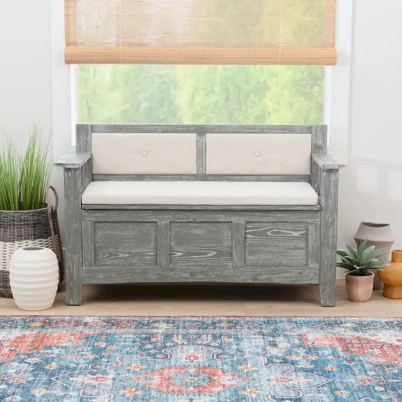 Flip Top Storage Entryway Bench | Grey Ash Wood Veneer | Soft-Close Hinges | Removable Cushion