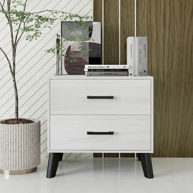 2-Drawer Rustic Nightstand | Solid & Engineered Wood, Tapered Legs, Bedroom Side Table, 3 Colors
