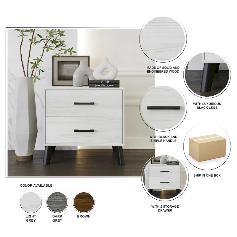 2-Drawer Rustic Nightstand | Solid & Engineered Wood, Tapered Legs, Bedroom Side Table, 3 Colors