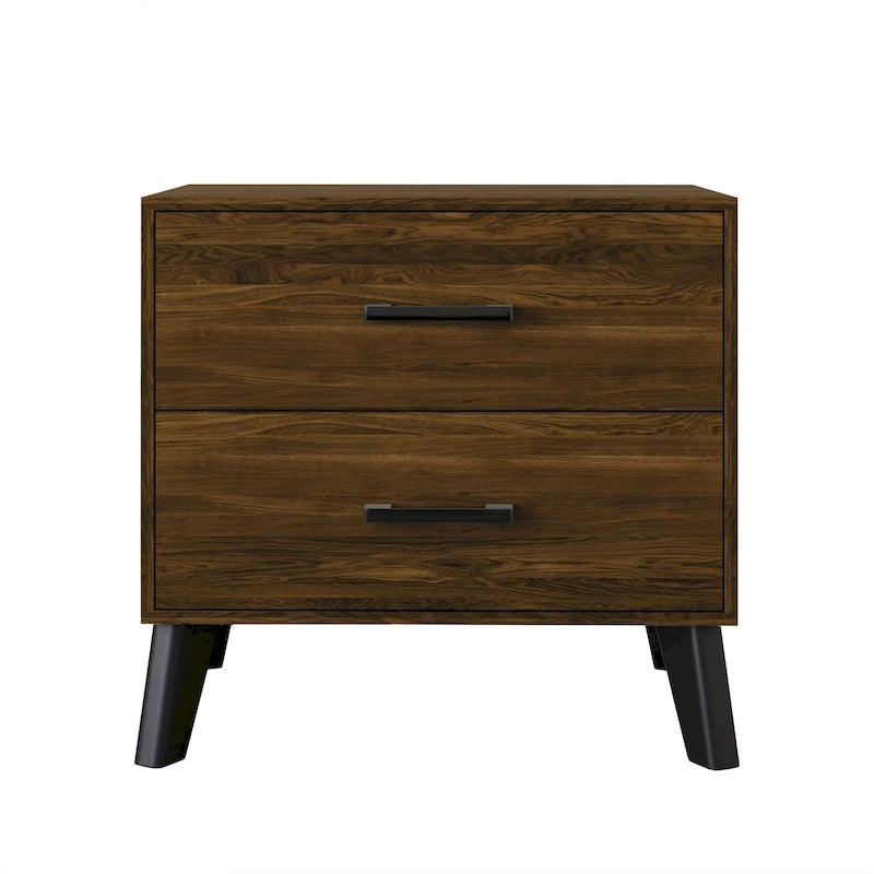 2-Drawer Rustic Nightstand | Solid & Engineered Wood, Tapered Legs, Bedroom Side Table, 3 Colors