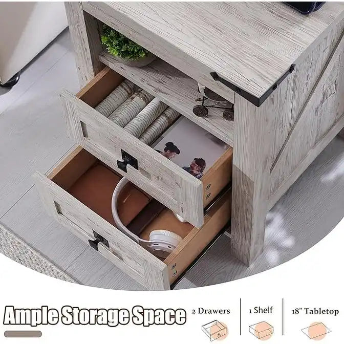 Farmhouse Nightstand with Charging Station, End Table, Side Table