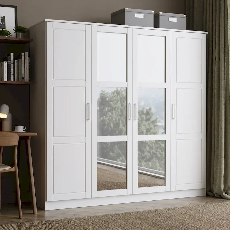 Solid Wood 4-Door Wardrobe Armoire 74.5" Wide | Optional Mirrored Doors | Bedroom Storage