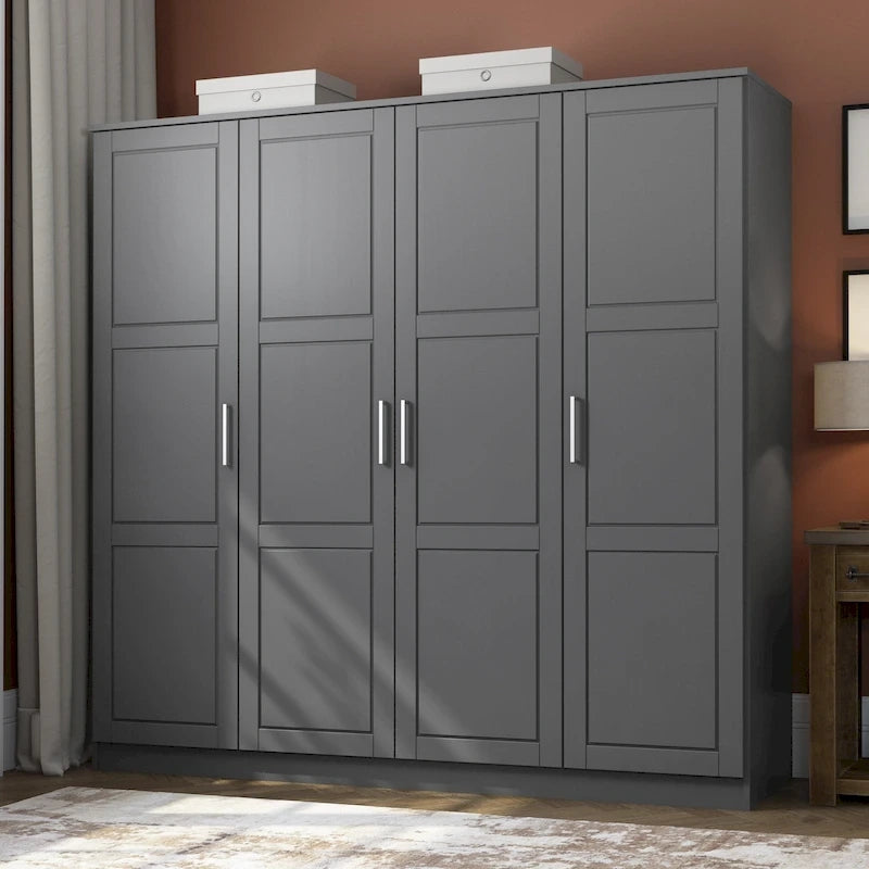 Solid Wood 4-Door Wardrobe Armoire 74.5" Wide | Optional Mirrored Doors | Bedroom Storage