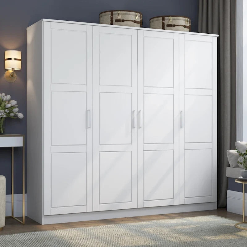 Solid Wood 4-Door Wardrobe Armoire 74.5" Wide | Optional Mirrored Doors | Bedroom Storage