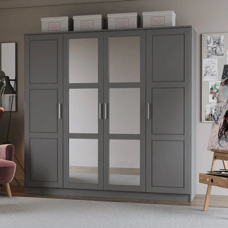 Solid Wood 4-Door Wardrobe Armoire 74.5" Wide | Optional Mirrored Doors | Bedroom Storage