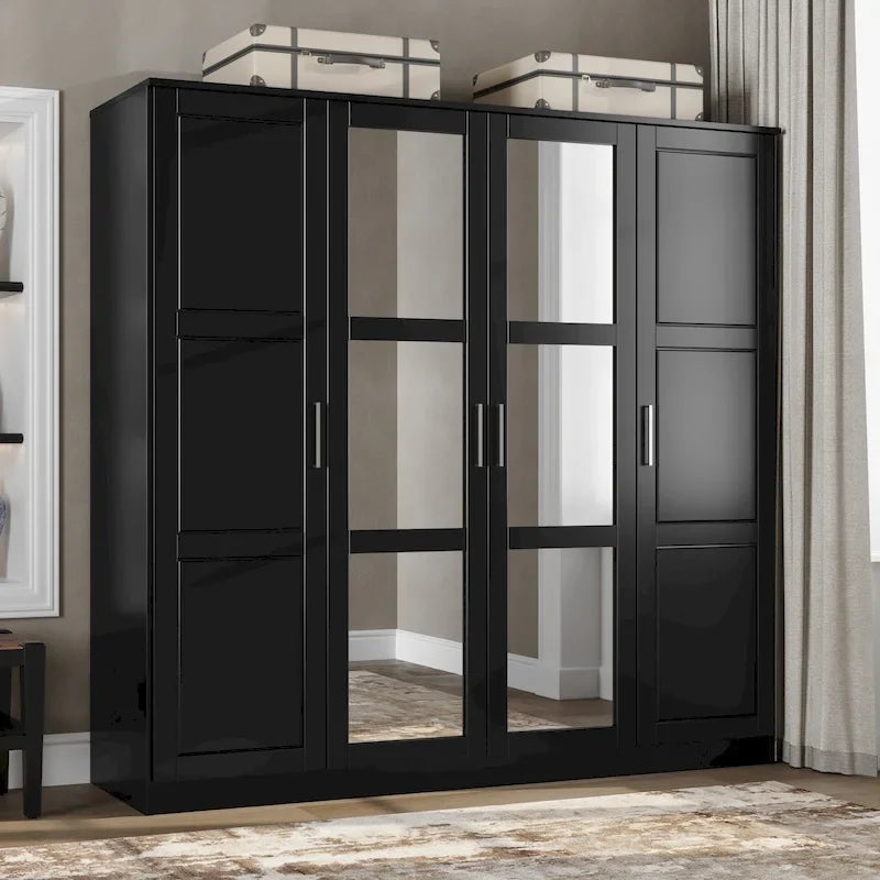 Solid Wood 4-Door Wardrobe Armoire 74.5" Wide | Optional Mirrored Doors | Bedroom Storage