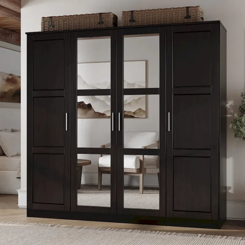 Solid Wood 4-Door Wardrobe Armoire 74.5" Wide | Optional Mirrored Doors | Bedroom Storage