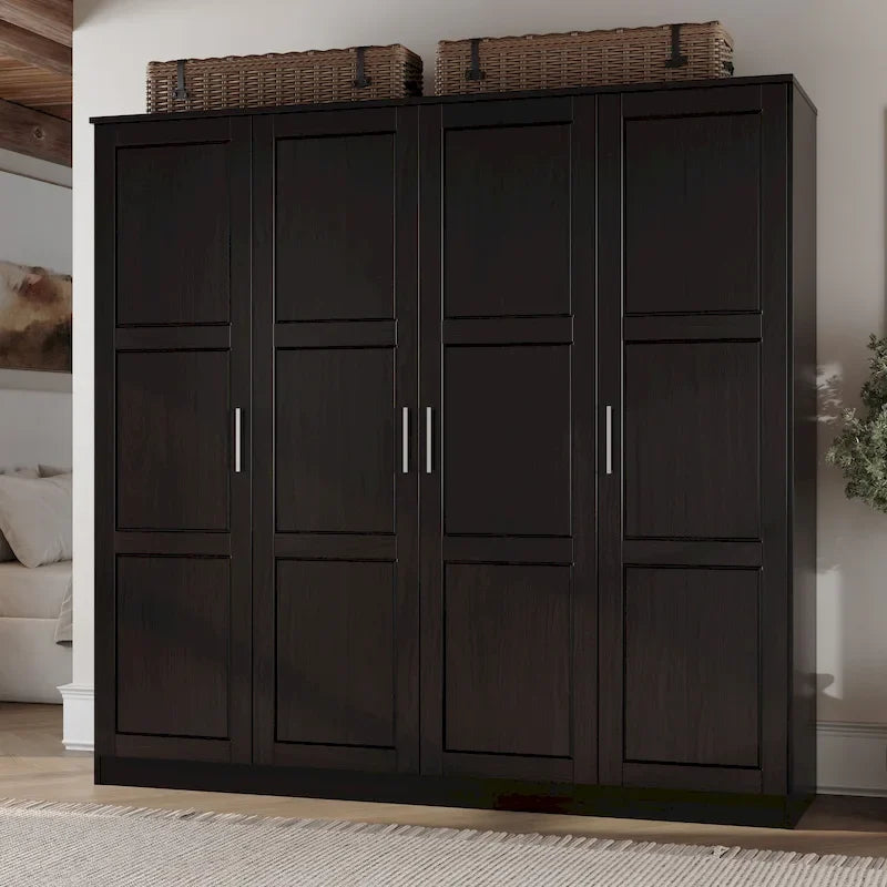 Solid Wood 4-Door Wardrobe Armoire 74.5" Wide | Optional Mirrored Doors | Bedroom Storage
