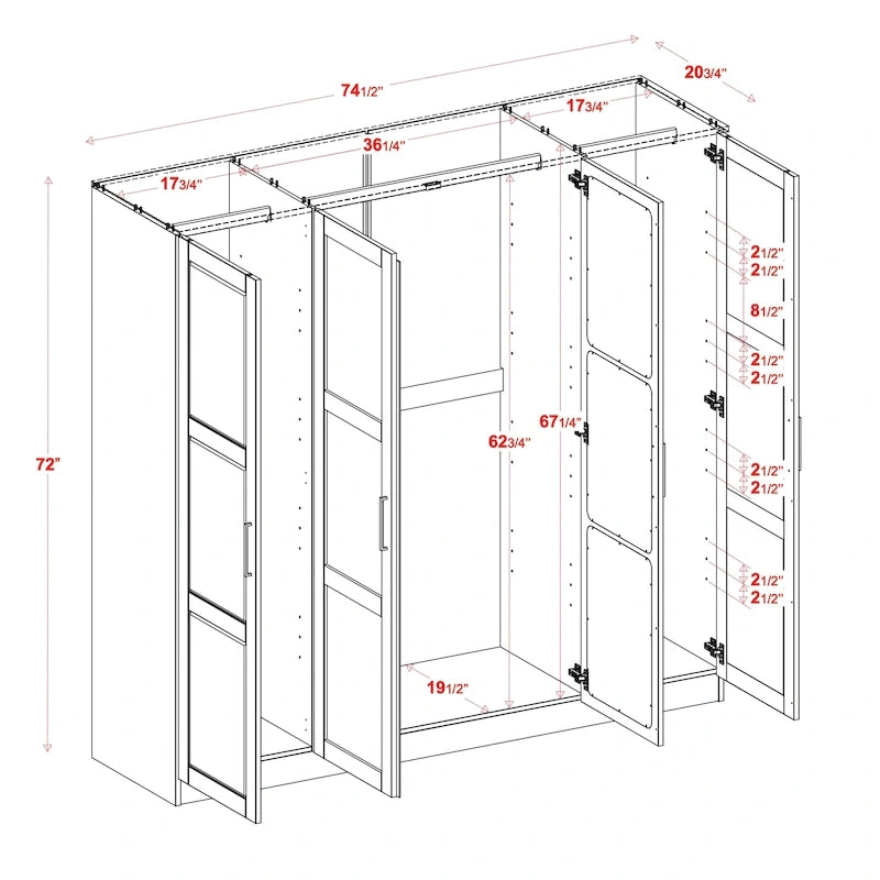 Solid Wood 4-Door Wardrobe Armoire 74.5" Wide | Optional Mirrored Doors | Bedroom Storage