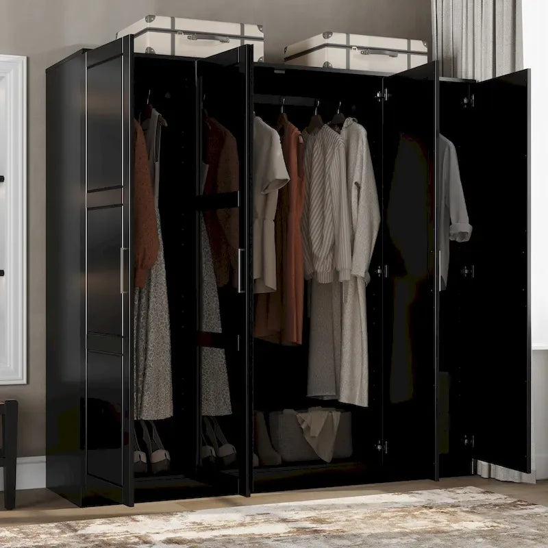 Solid Wood 4-Door Wardrobe Armoire 74.5" Wide | Optional Mirrored Doors | Bedroom Storage