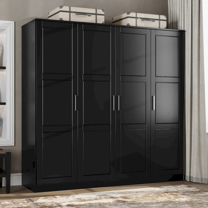 Solid Wood 4-Door Wardrobe Armoire 74.5" Wide | Optional Mirrored Doors | Bedroom Storage