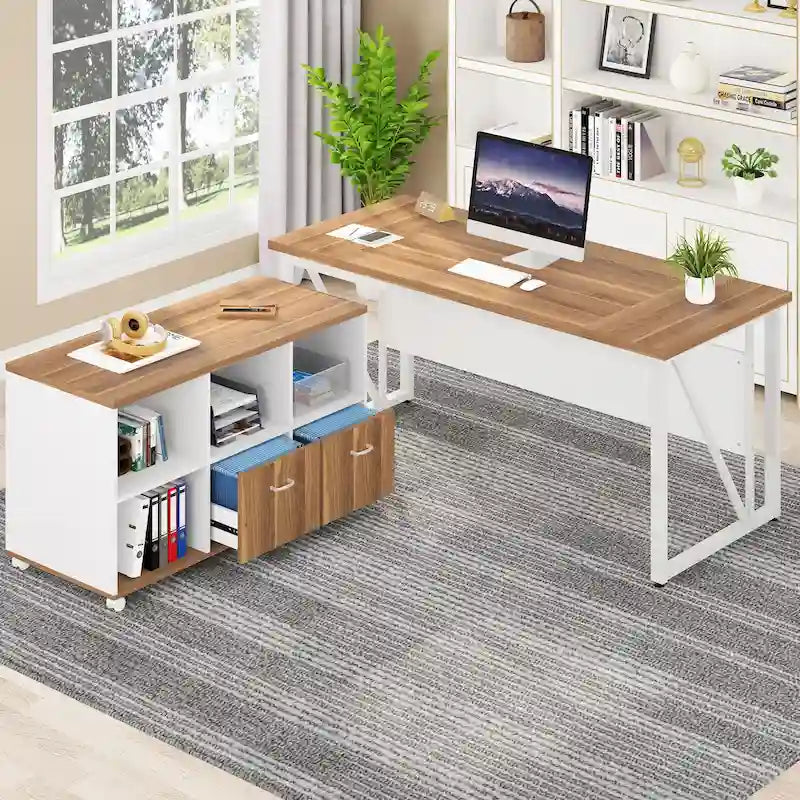 63 L-Shaped Computer Desk with 47 inches Lateral File Cabinet, Executive Desk Home Office Furniture Desk Set