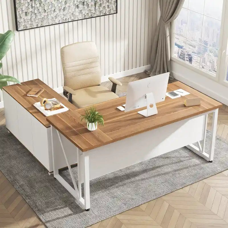 63 L-Shaped Computer Desk with 47 inches Lateral File Cabinet, Executive Desk Home Office Furniture Desk Set