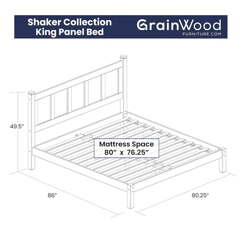 Shaker Style Solid Wood Panel Platform Bed | No Box Spring Needed, Bedroom Furniture