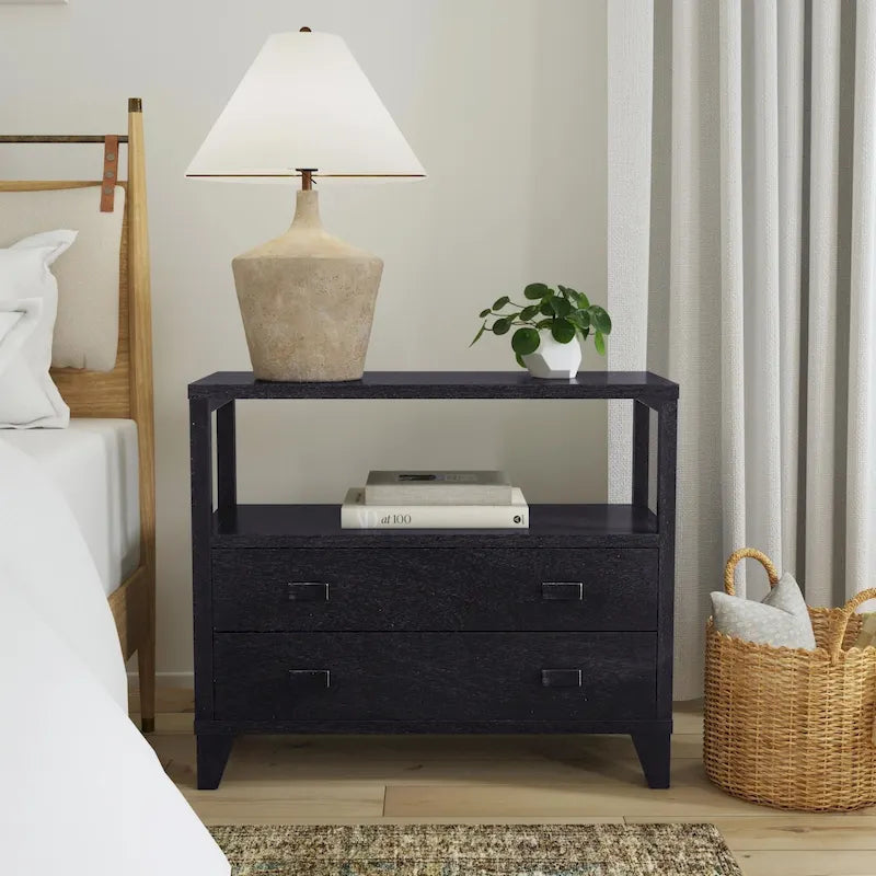 Handmade 2-Drawer Nightstand with Open Shelf | Solid Wood, Rustic Style, Bedroom Side Table