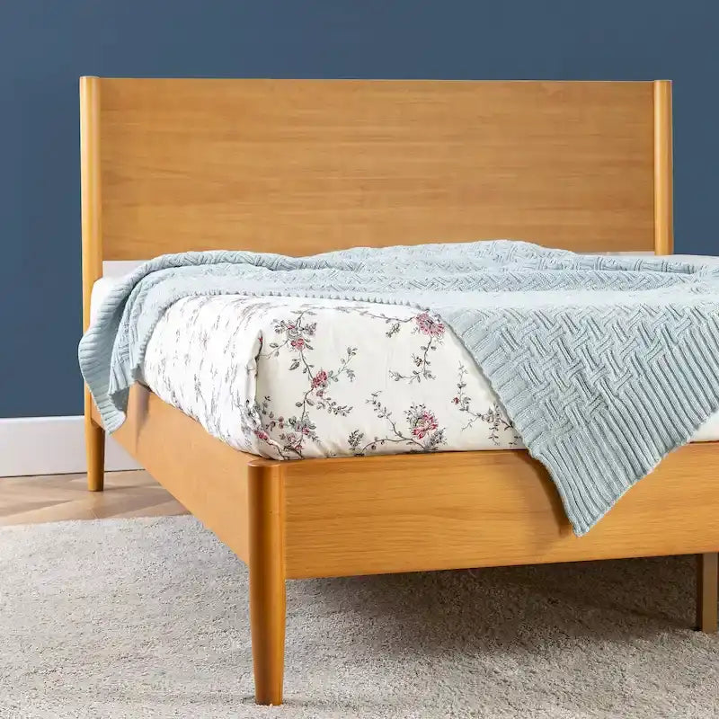 Mid-Century Wood Platform Bed | Acorn Finish | Rounded Legs | Closely Spaced Wood Slats