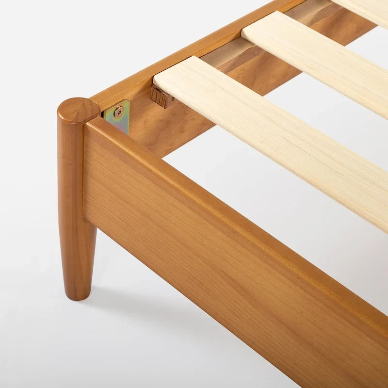 Mid-Century Wood Platform Bed | Acorn Finish | Rounded Legs | Closely Spaced Wood Slats