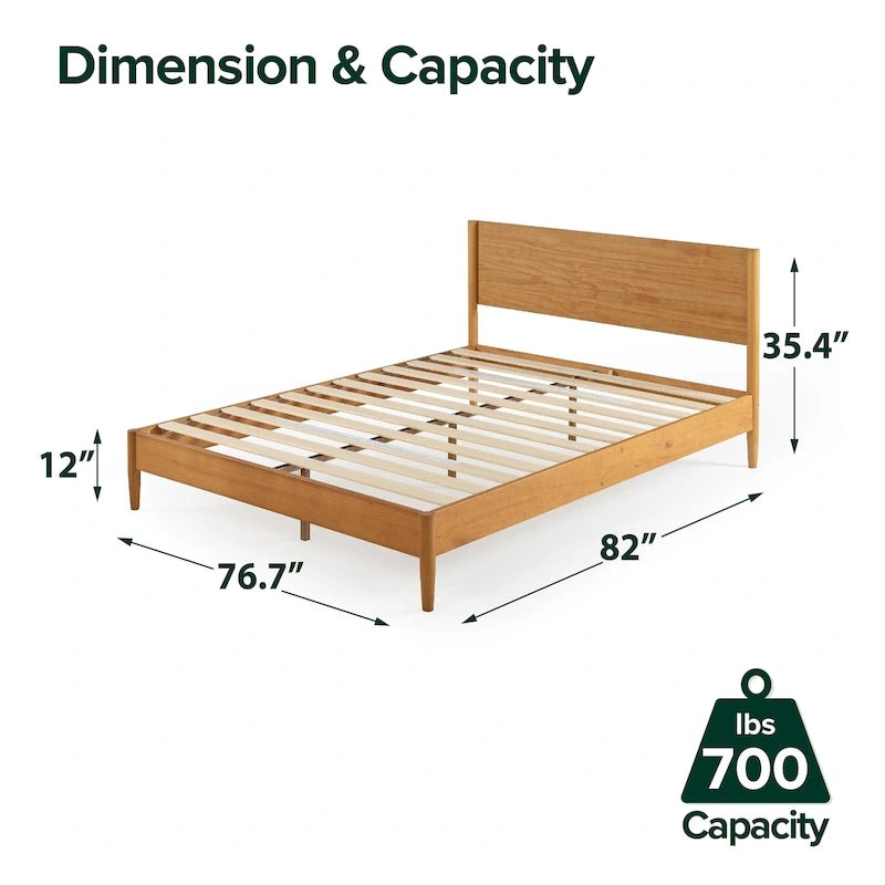 Mid-Century Wood Platform Bed | Acorn Finish | Rounded Legs | Closely Spaced Wood Slats