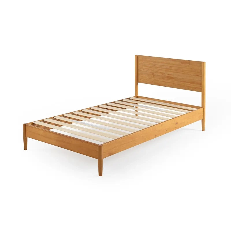 Mid-Century Wood Platform Bed | Acorn Finish | Rounded Legs | Closely Spaced Wood Slats