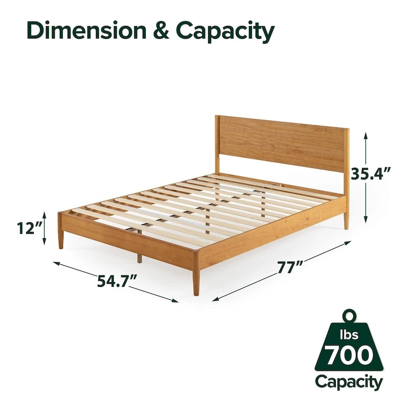 Mid-Century Wood Platform Bed | Acorn Finish | Rounded Legs | Closely Spaced Wood Slats