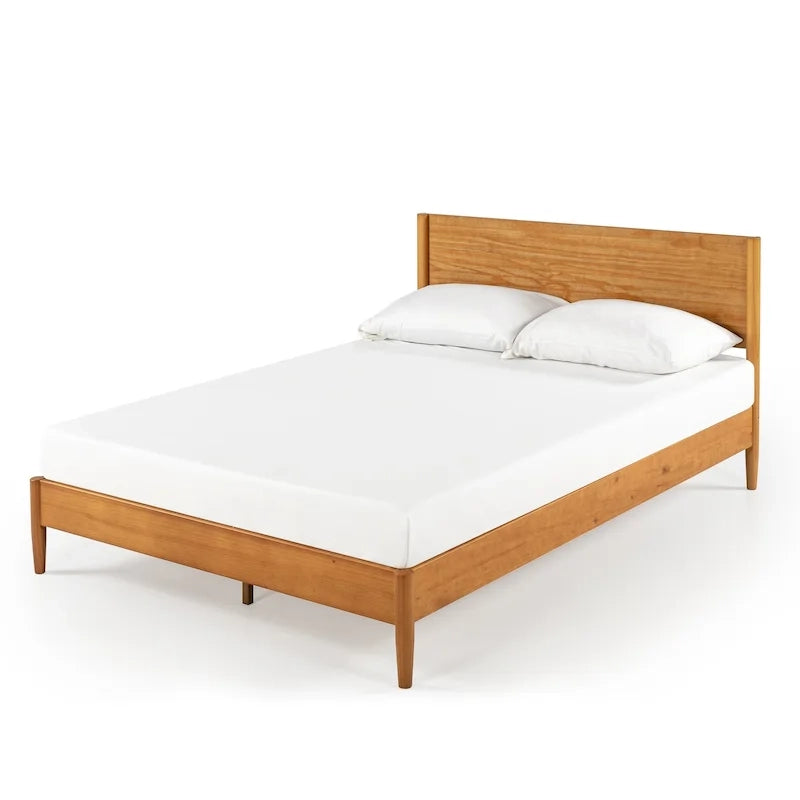 Mid-Century Wood Platform Bed | Acorn Finish | Rounded Legs | Closely Spaced Wood Slats