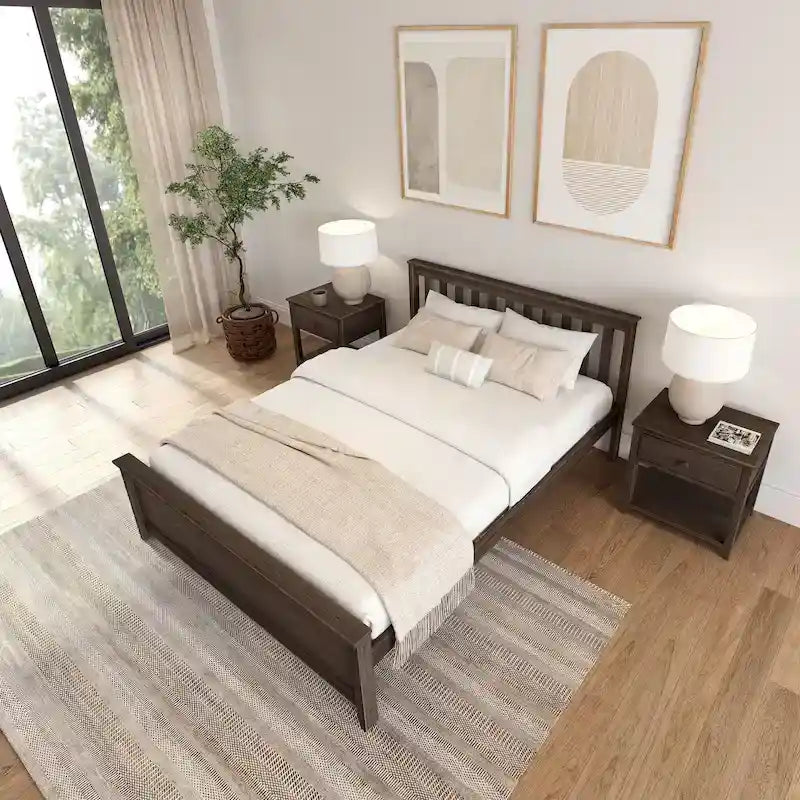 Classic Real Wood Queen Platform Bed | Solid Wood, No Box Spring Needed, Bedroom Furniture