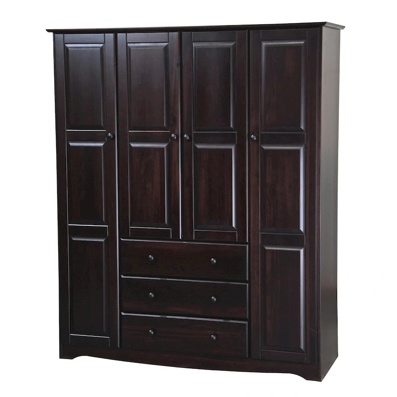 100% Solid Wood 4-Door Wardrobe Armoire | Raised Panel Doors | Customizable Shelves | Contemporary