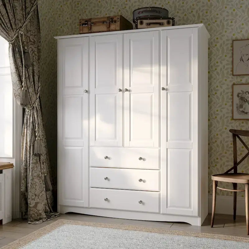 100% Solid Wood 4-Door Wardrobe Armoire | Raised Panel Doors | Customizable Shelves | Contemporary