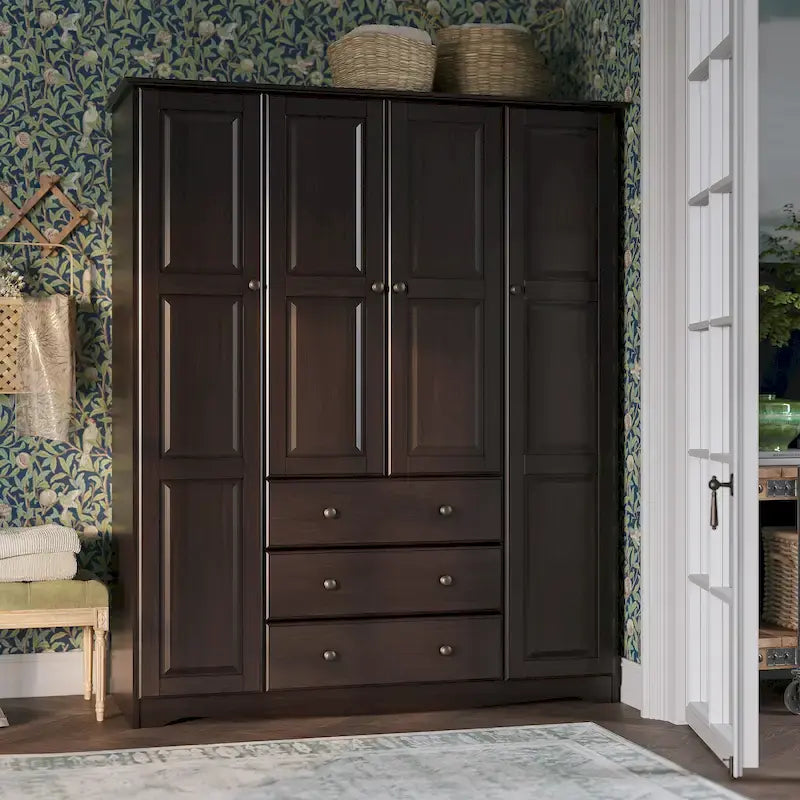 100% Solid Wood 4-Door Wardrobe Armoire | Raised Panel Doors | Customizable Shelves | Contemporary