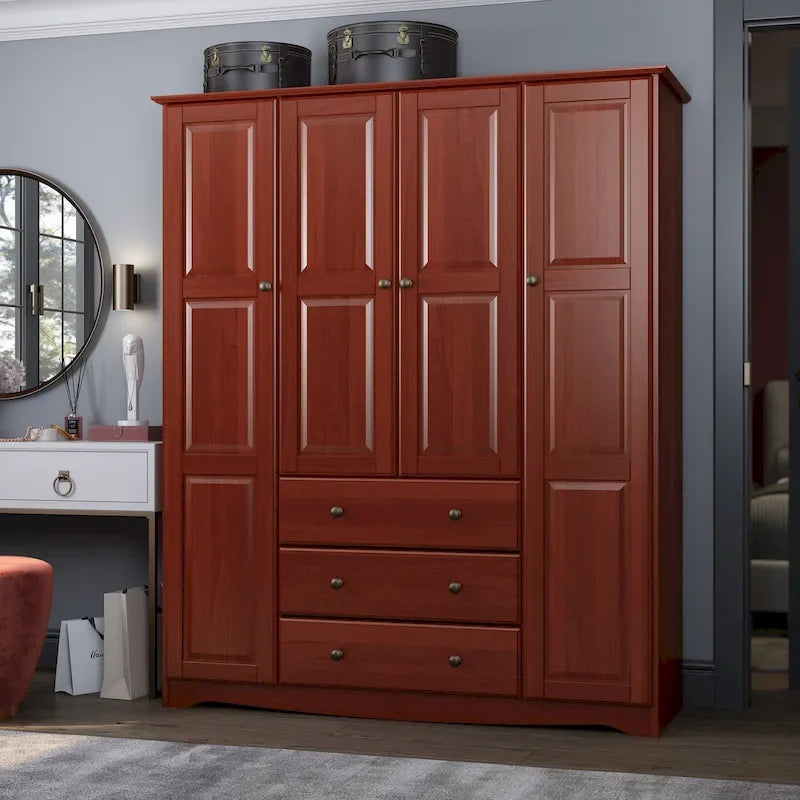 100% Solid Wood 4-Door Wardrobe Armoire | Raised Panel Doors | Customizable Shelves | Contemporary