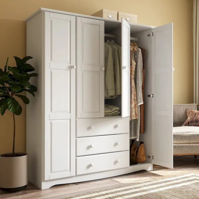 100% Solid Wood 4-Door Wardrobe Armoire | Raised Panel Doors | Customizable Shelves | Contemporary