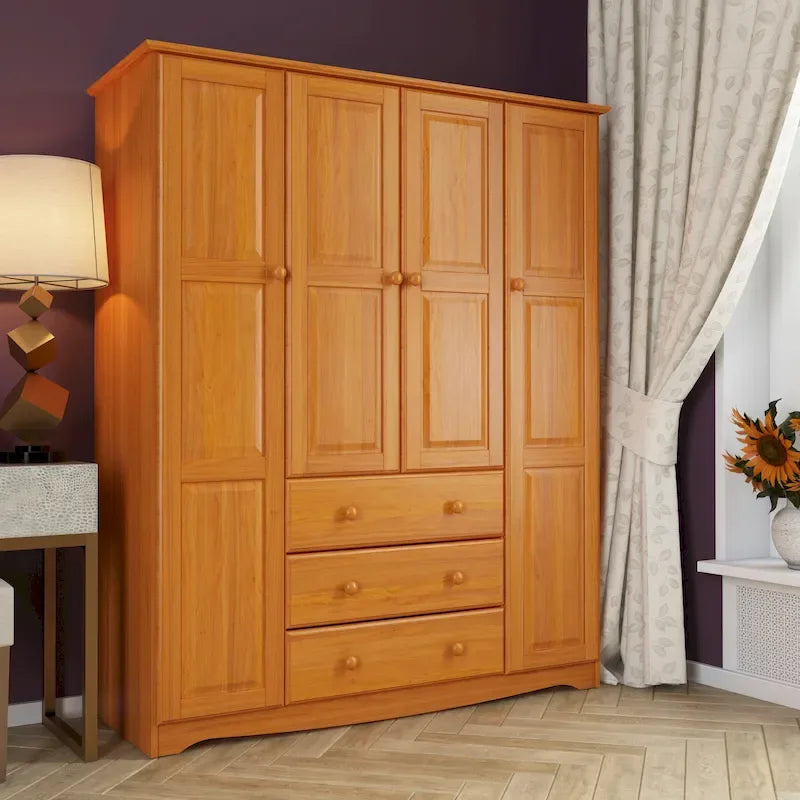 100% Solid Wood 4-Door Wardrobe Armoire | Raised Panel Doors | Customizable Shelves | Contemporary