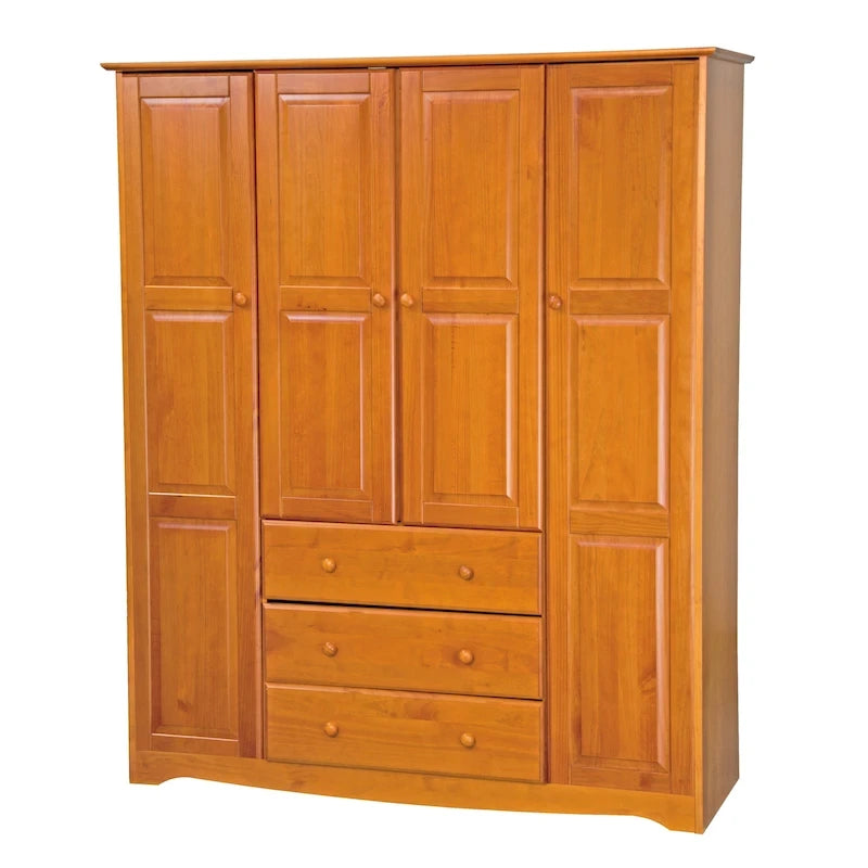 100% Solid Wood 4-Door Wardrobe Armoire | Raised Panel Doors | Customizable Shelves | Contemporary