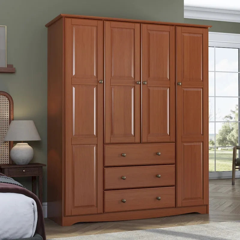 100% Solid Wood 4-Door Wardrobe Armoire | Raised Panel Doors | Customizable Shelves | Contemporary
