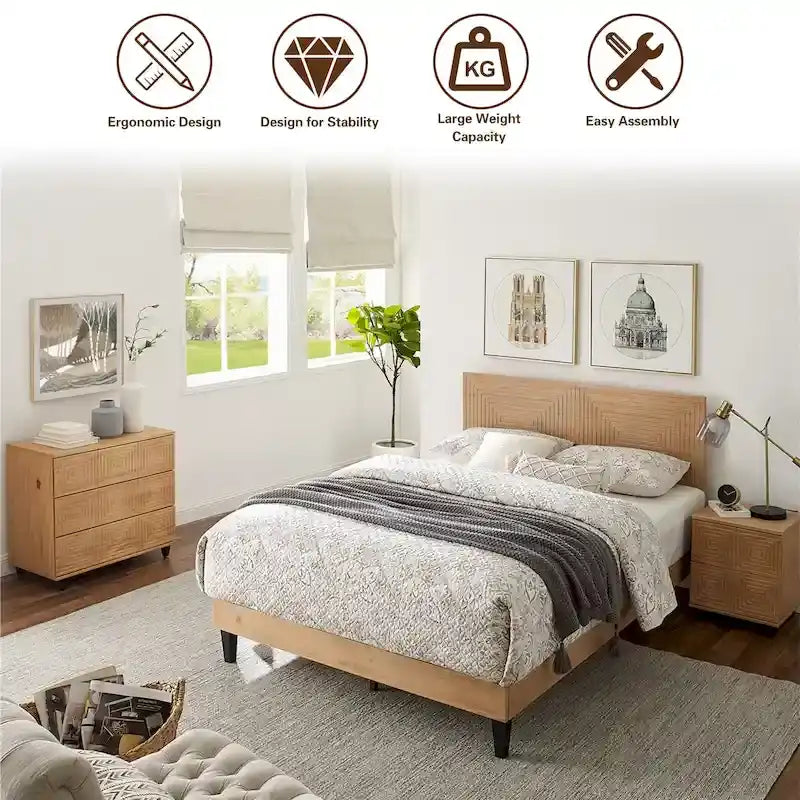 Mid-Century Modern Solid Wood Platform Bed | Adjustable Headboard, Wood Slats, No Box Spring Needed